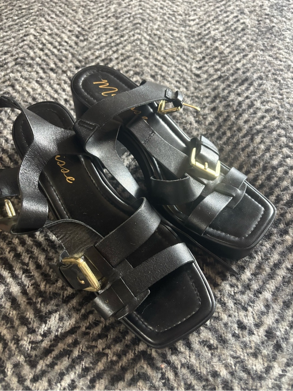 Matisse Black Leather Strappy Sandals with Gold Buckles